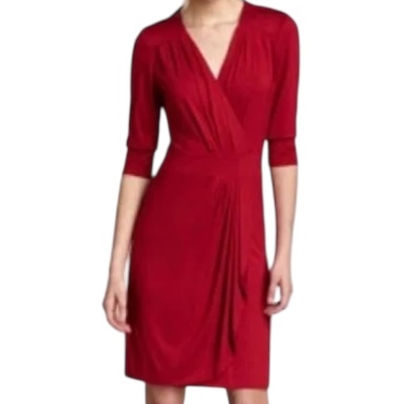 Trina Turk Red Dress, Crossover Wrap Style V-Neck, Knee Length 3/4 Sleeves Sz 10 - Picture 1 of 11